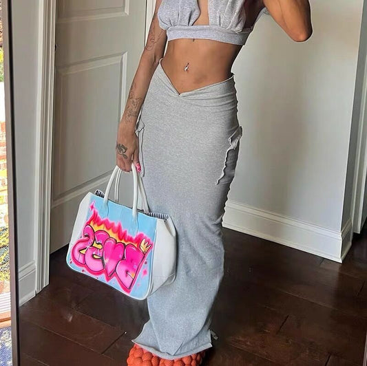 Casual Navel-baring V-shaped Pleated Low-waist Skirt Solid Color Slimming Slimming Temperament Hip-covering Long Skirt
