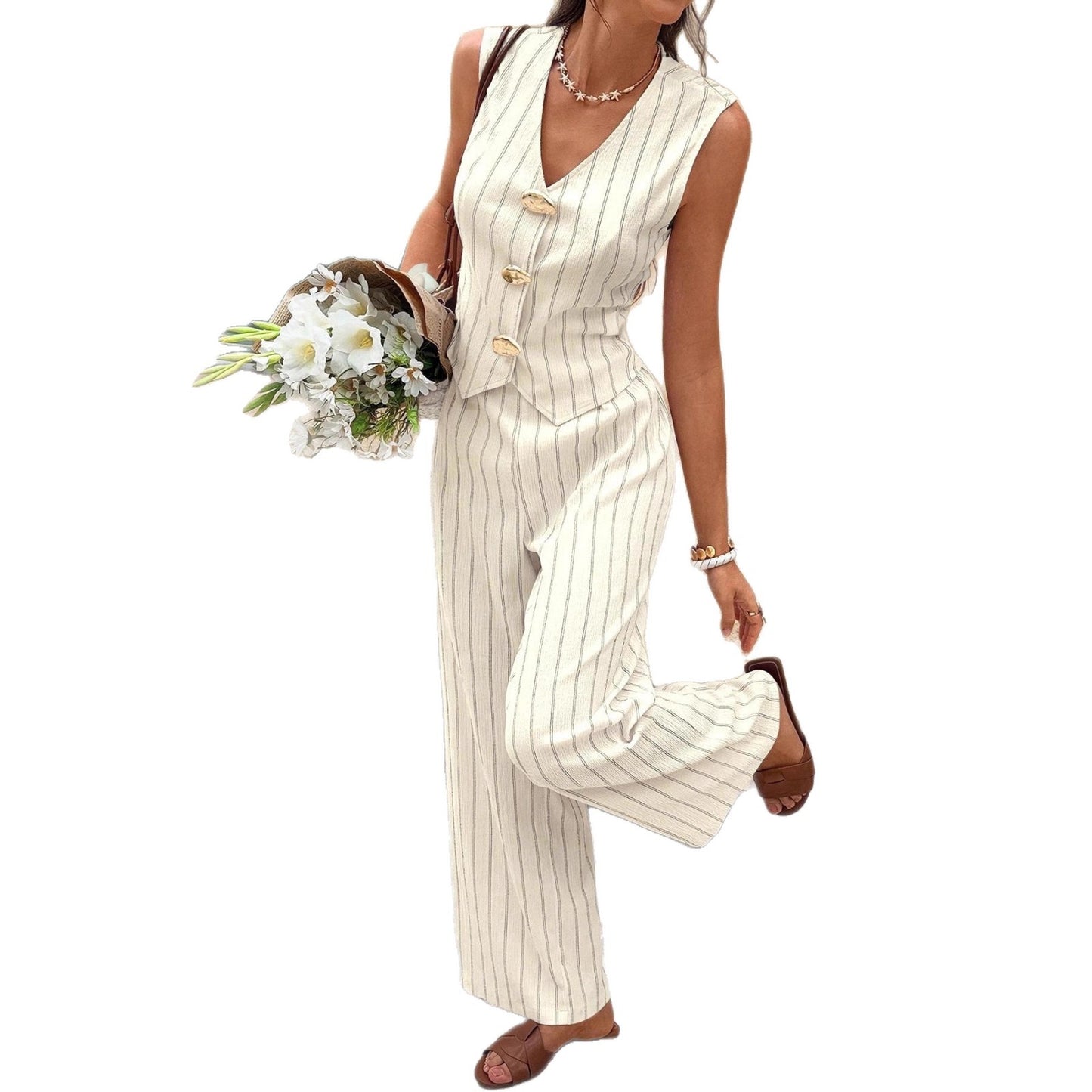 Vertical-striped Button-up Vest And Straight-leg Trousers Set
