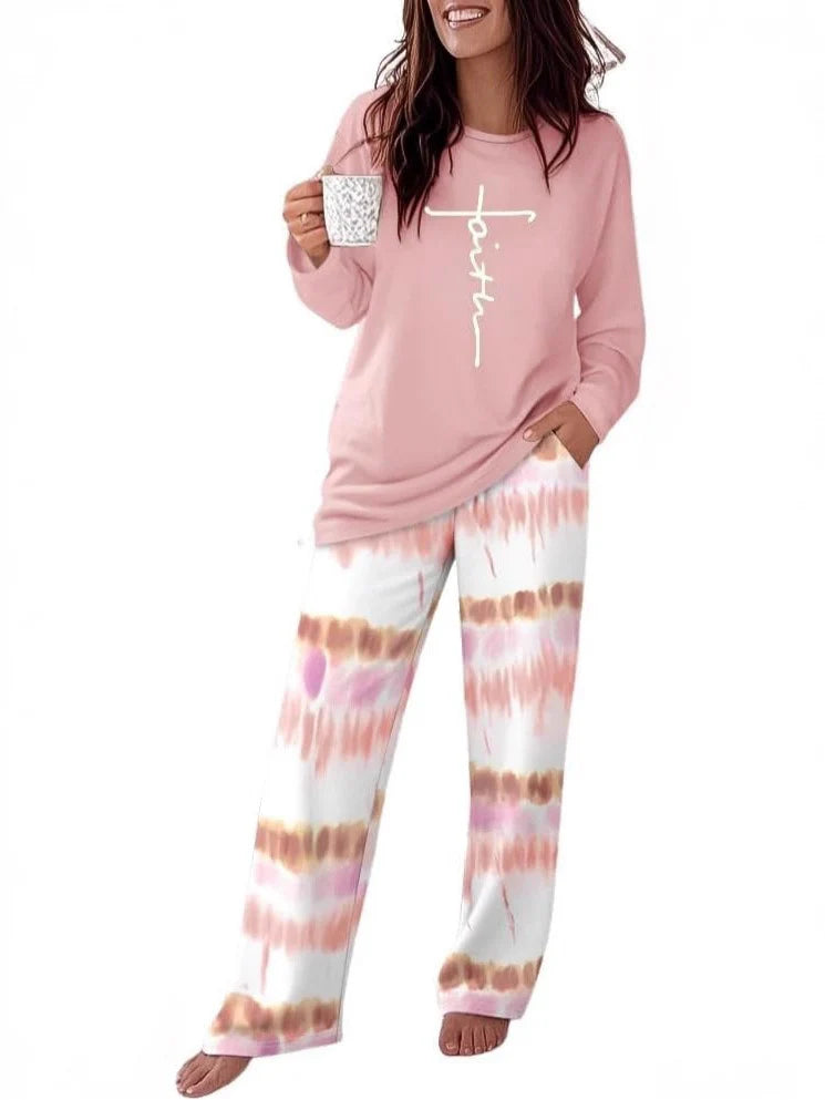 Crew-neck Short-sleeve Casual Striped Print Wide-leg Pants Two-piece Trouser Set