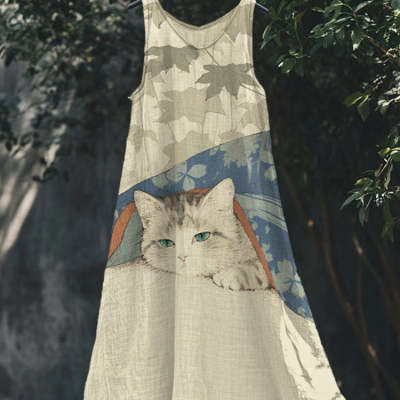 Womens Sleeveless V-Neck 3D-Printed Dress Summer Midi Dress