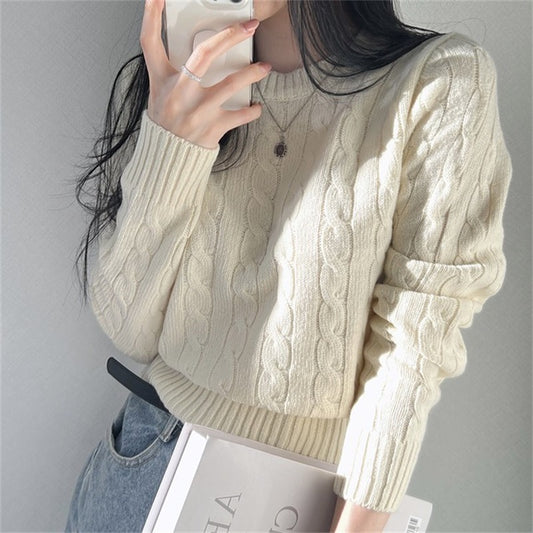 Japanese Sweater Preppy Style Short Cable-knit Sweater Round Neck Long Sleeve