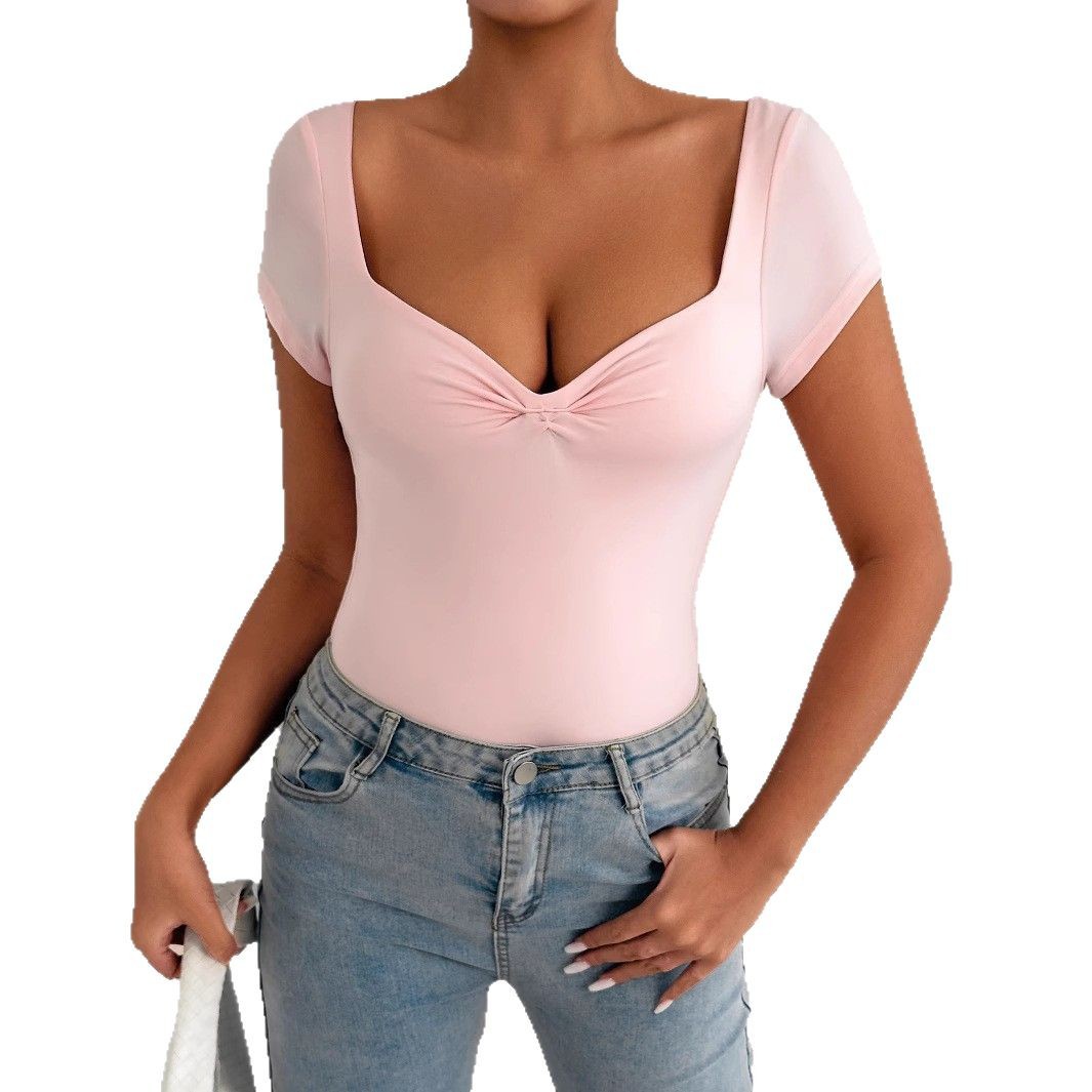 Fashion V-neck Tight Hot Girl Short-sleeved Bodysuit