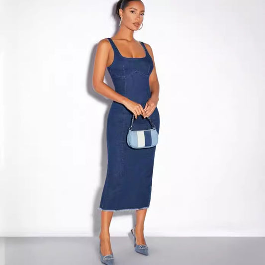 Summer Slimming Blue Denim Suspender Dress