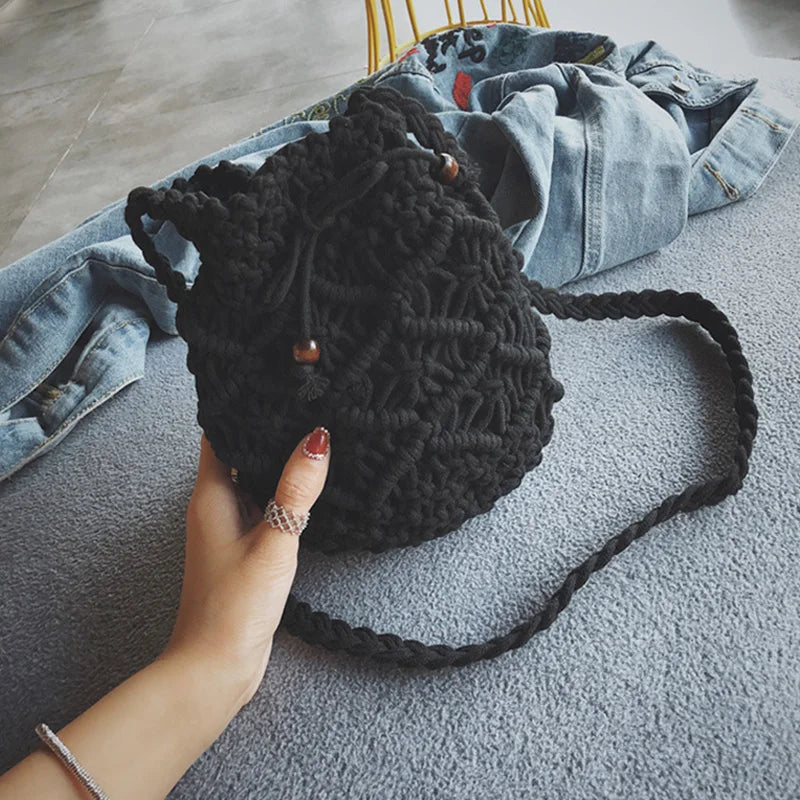 Women's Round Diagonal Cotton Crochet Tassel Small Bag