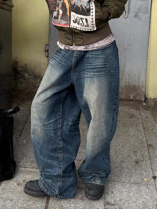 American Retro Worn Looking Washed-out Wide Leg Jeans
