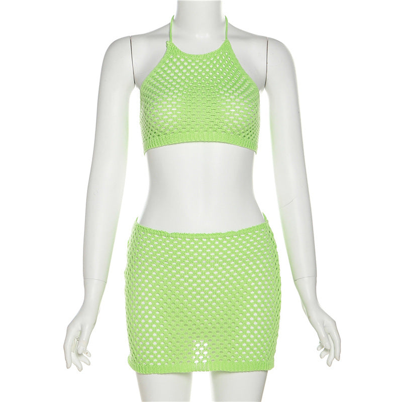 Sexy Knitted See-through Sleeveless Sling Lace-up Backless Sheath Skirt Suit