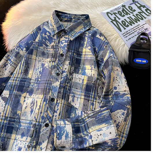 Plaid Shirt Printing And Dyeing Gradient Baggy Coat Shirt