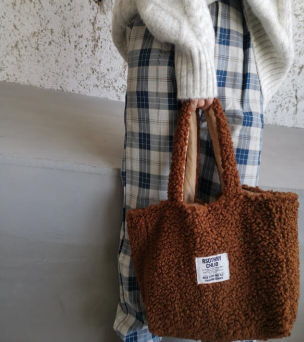 Ladies Winter Lamb Wool Handbag Double-sided Back Large Capacity