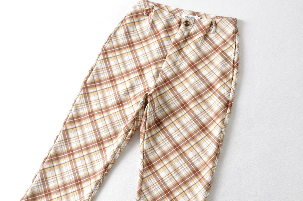 American Retro Flared High Waist Plaid Pants