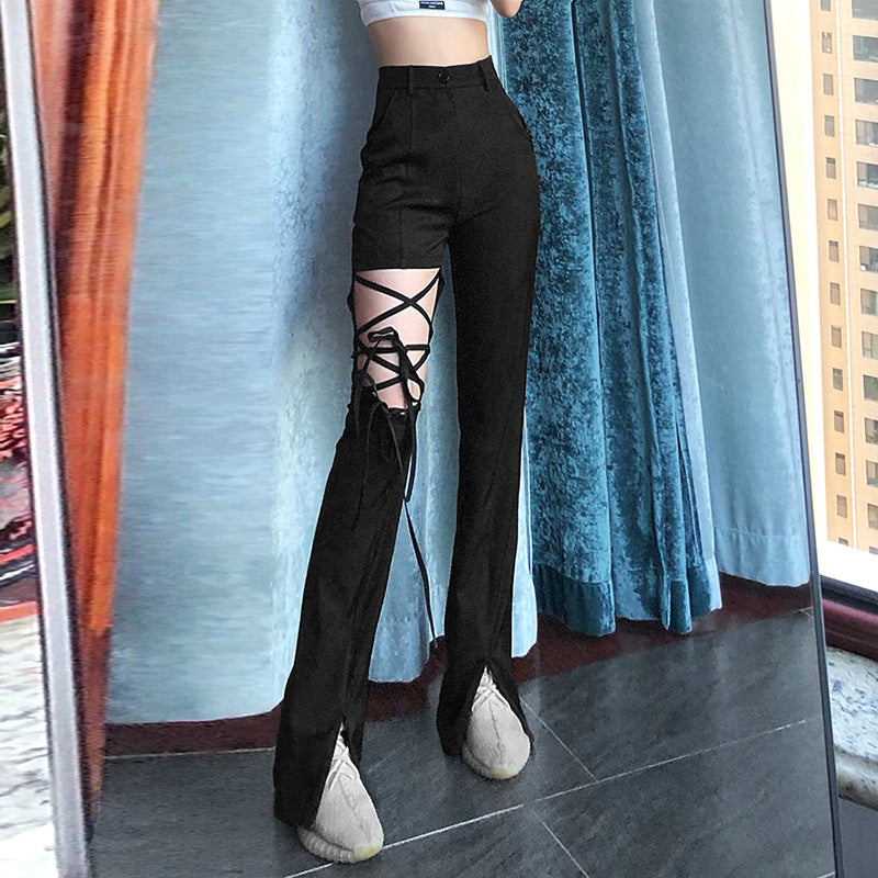 Autumn And Winter Gothic Punk Style Lace-up Leggings Hip High Waist Trousers