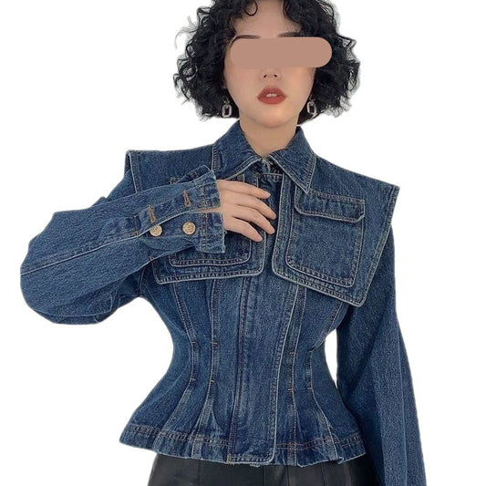 Cape Pocket Decoration Pleated Zipper Denim Coat