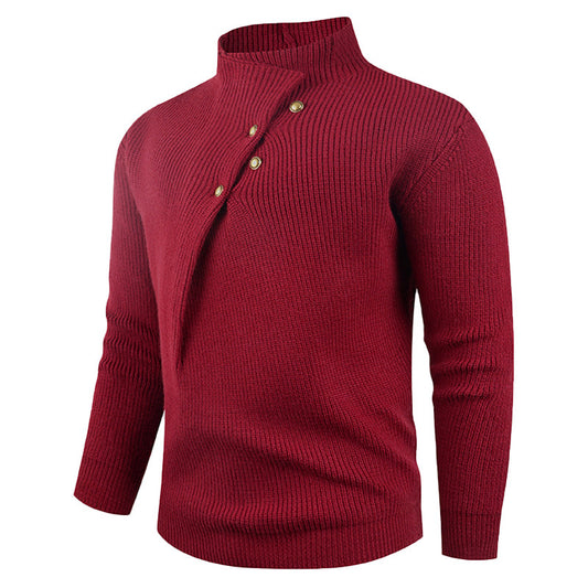 Mens Fashion Stand Collar Sweater With Slanted Buttons Mens Casual Pullover