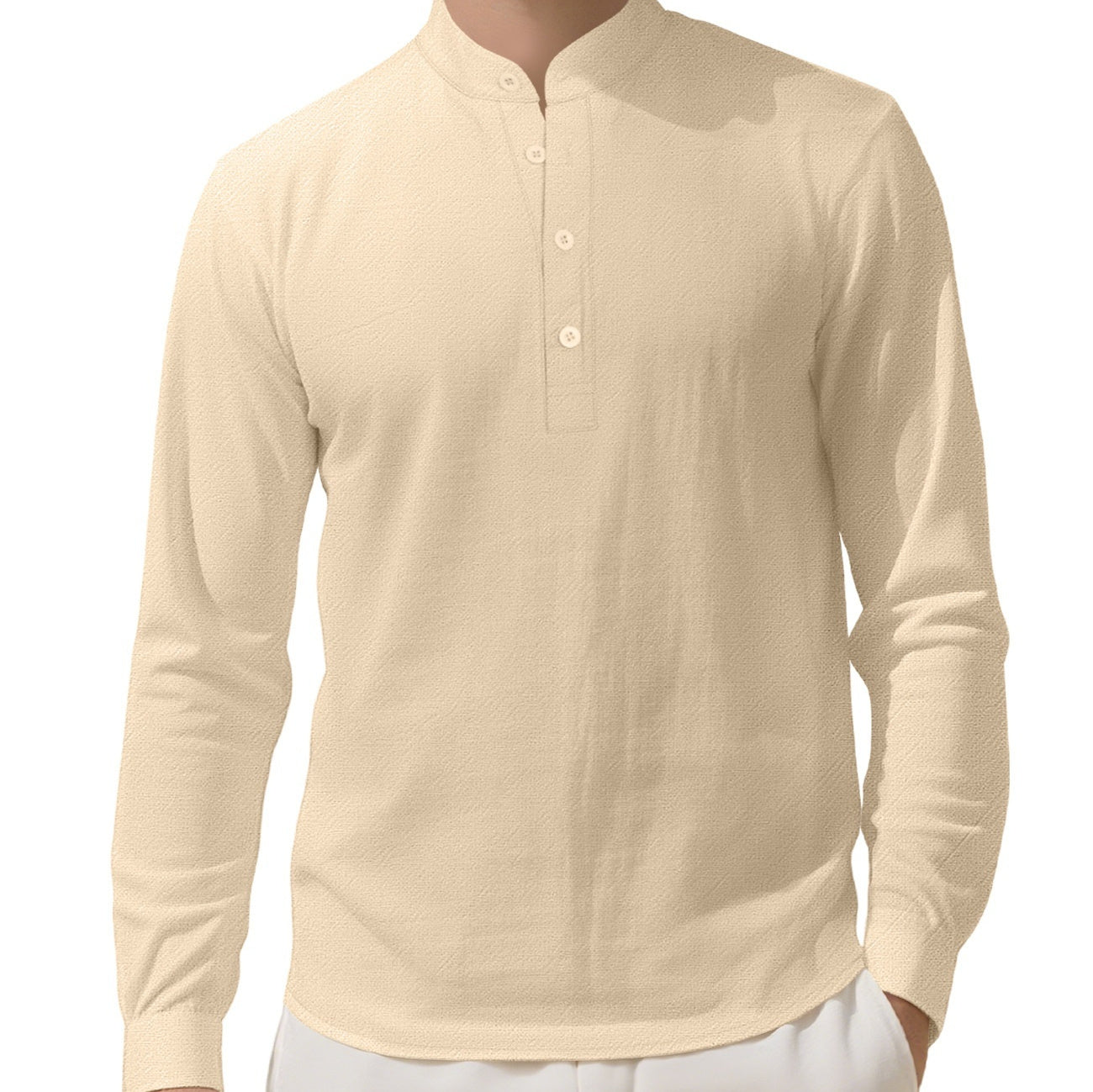 Men's Loose Linen Solid Color Long Sleeve Stand Collar Shirt