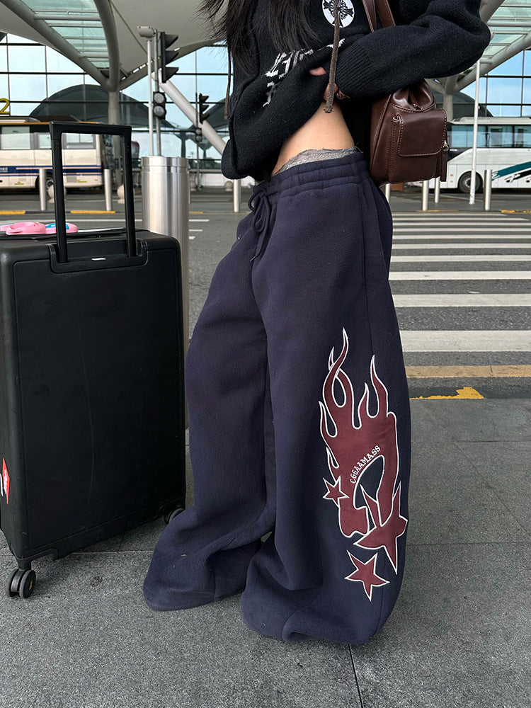 Flame-patterned Casual Loose-fitting Pants