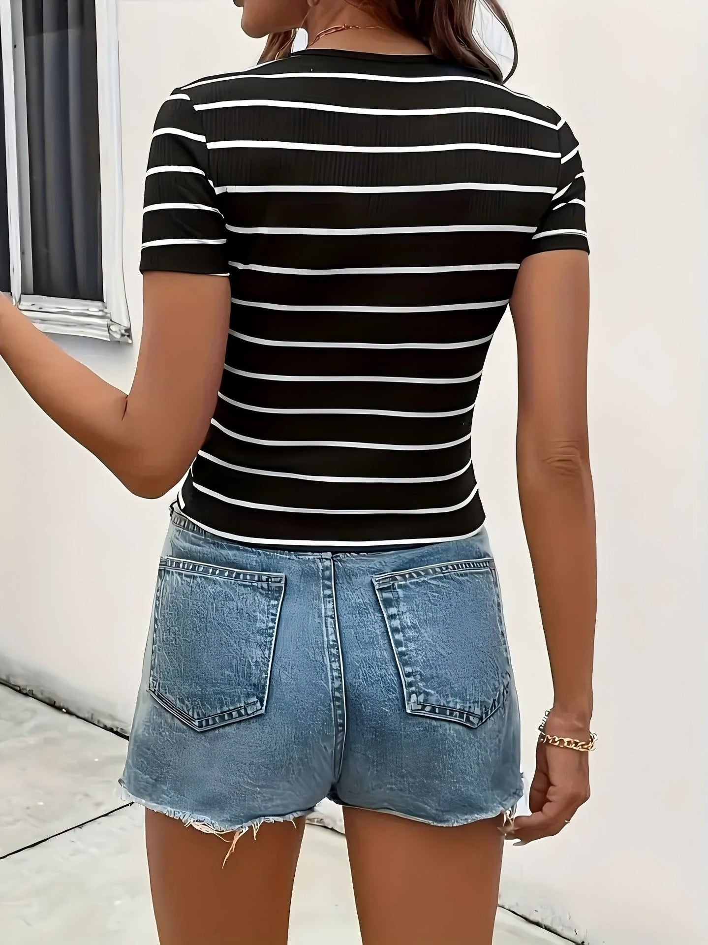 Striped Crew Neck Casual All Match Short Sleeve T Shirt