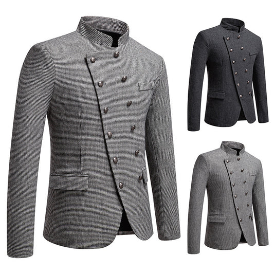 Business Slim-fitting Suit Stand Collar Double Breasted Oblique Placket Costume Men