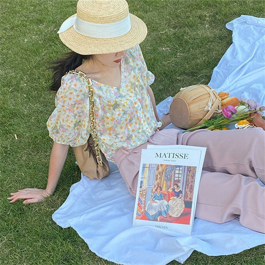 Women's Summer French Vintage Chiffon Shirt V-Neck Print Top