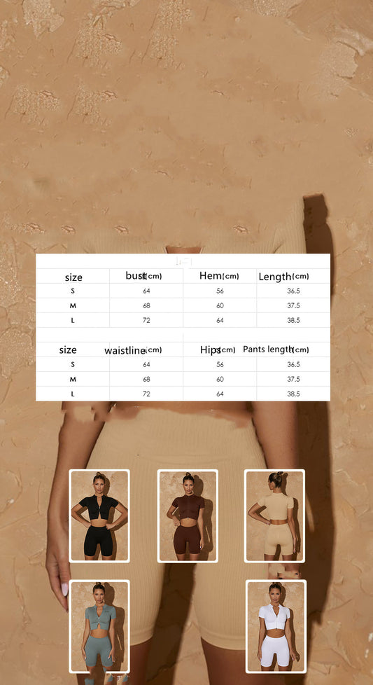 New INS Internet Celebrity Seamless Yoga Clothes Women's Zipper Rib Sports Short Sleeve Shorts Suit