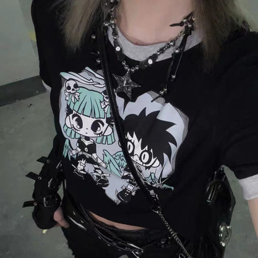 Ny sæsonbetonet patchwork-kortærmet croptop i street-stil til seje piger