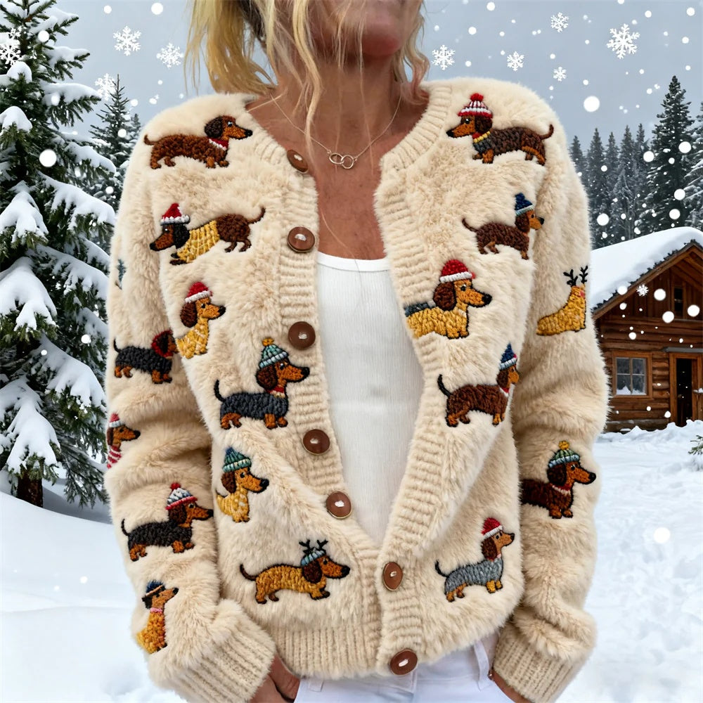 Knitted Cardigan Sweater Coat In A Snowman Style Short Length Single Breasted With A Crew Neck