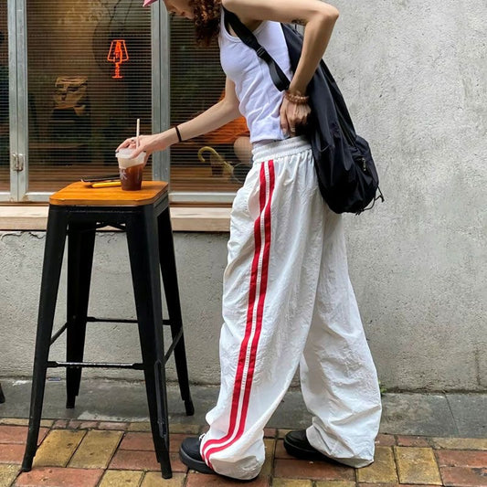 Casual Straight Pants Women's Summer Thin High Waist Striped Stitching Style Wide Leg Loose Track Pants