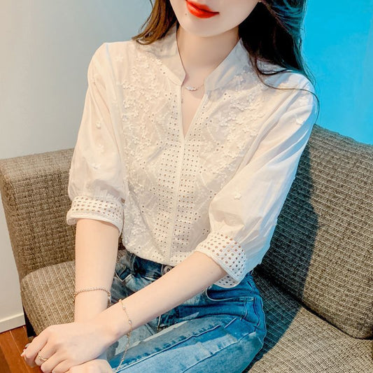 Hollow Out Embroidered Stand Collar Shirt Fashion Tops