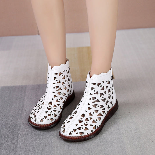 Middle-aged Cowhide Ethnic Style Round Toe Large Size Ankle Boots