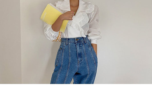 Letter Small Label Stitching Line Retro Straight High-rise Jeans