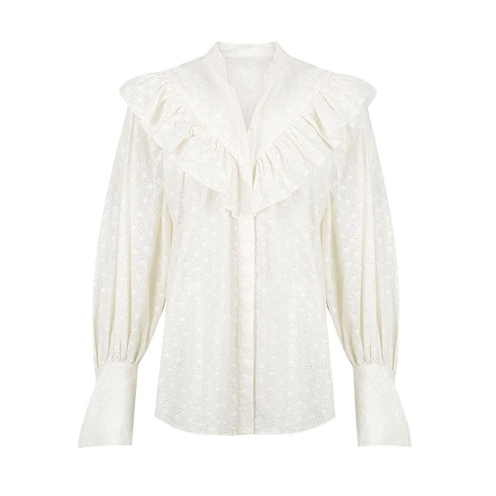Women's Loose Jacquard Cotton Button Long-sleeved Top