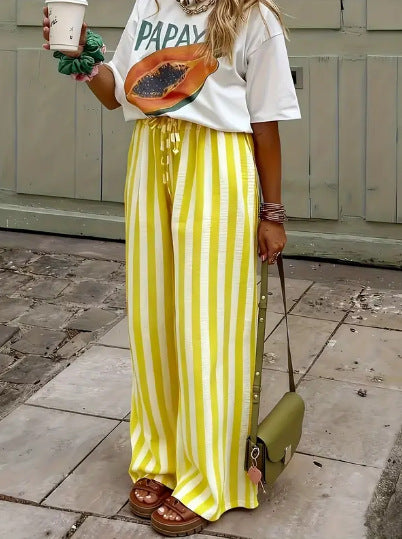 Striped Loose-fit Slimming Casual Wide-leg Floor-length Pants