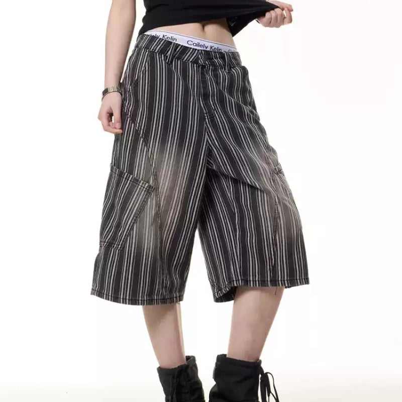 Retro Distressed Striped Cropped Trousers Women's Wide Leg