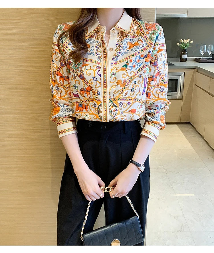 Printed Shirt Long Sleeve Loose Plus Size