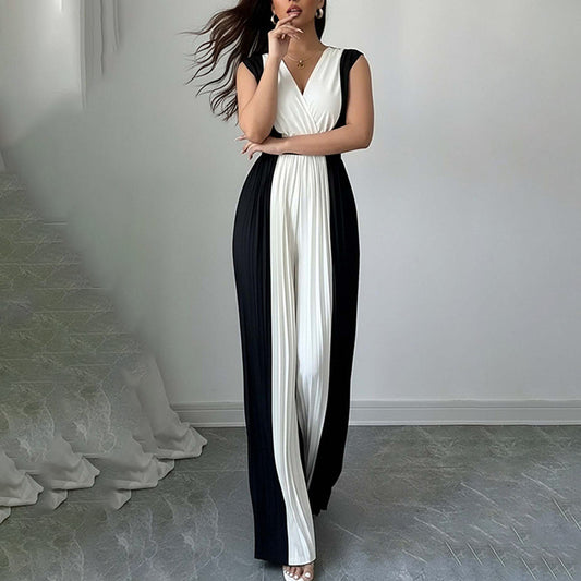 Womens Elegant Long-Sleeve V-Neck Printed Jumpsuit