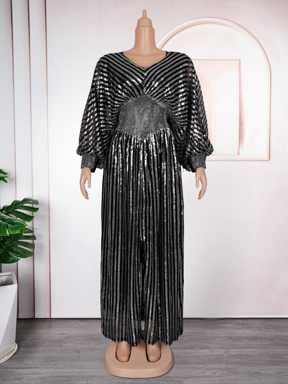 Elegant Sequined V-neck Slim Slit Dress Evening Dress