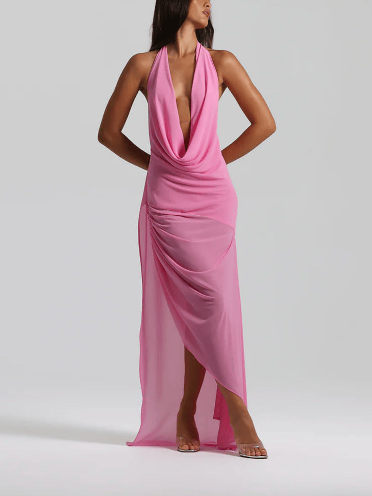Deep V-neck Backless Sexy Asymmetrical Ruffled Dress