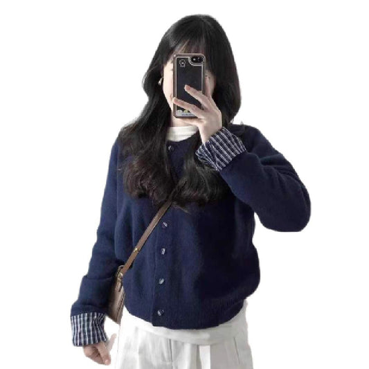 Navy Blue Knitted Women's Plaid Stitching Single-breasted Sweater