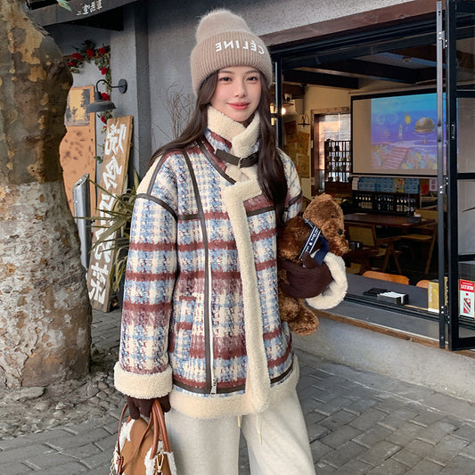 Retro Plaid Stand Collar Loose Fur Short Coat For Women