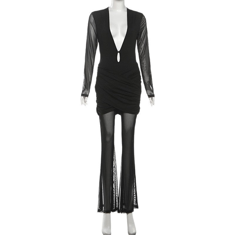 Deep-V Mesh-panel Cross-over Bodycon Sheer Jumpsuit