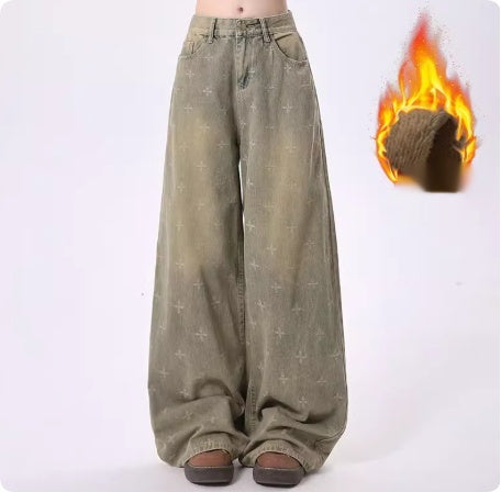 Retro Washed Denim Jeans Fleece Lining Autumn And Winter