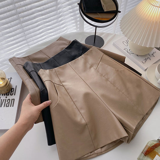 Women's High-waist A-line Thin Wide-legged Outer Wear PU Leather Boots Pants