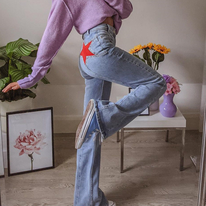 Retro Net Red Five-pointed Star Straight-leg Jeans