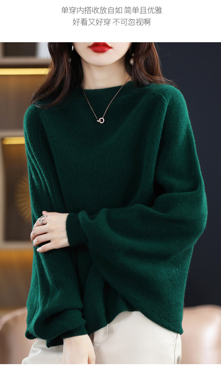 Solid Color Wool Sweater Women's All-match Round Neck Raglan Shawl Pullover