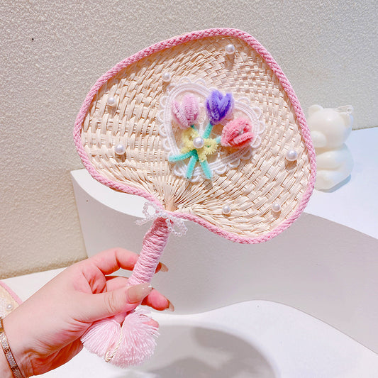 Sweet Flowers Lace Love Woven Handbag Pearl Handheld Fan