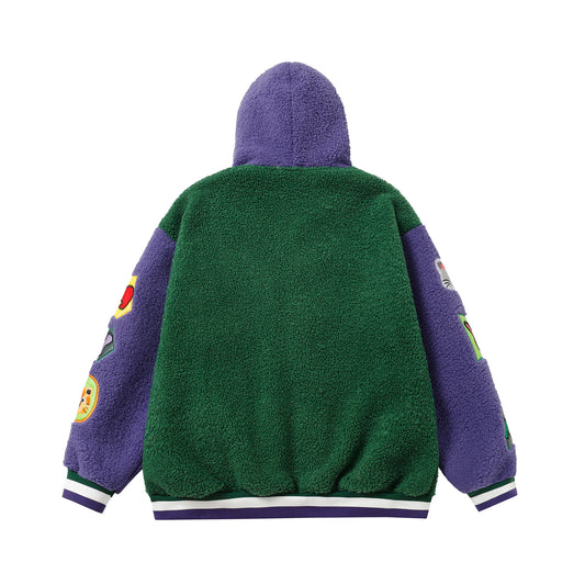 Lamb Wool Stitching Contrast Color Cartoon Cloth Embroidered Cotton-padded Coat