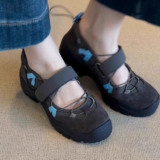Womens Vintage Leather Thick-Soled Low-Top Velcro Mary Jane Shoes