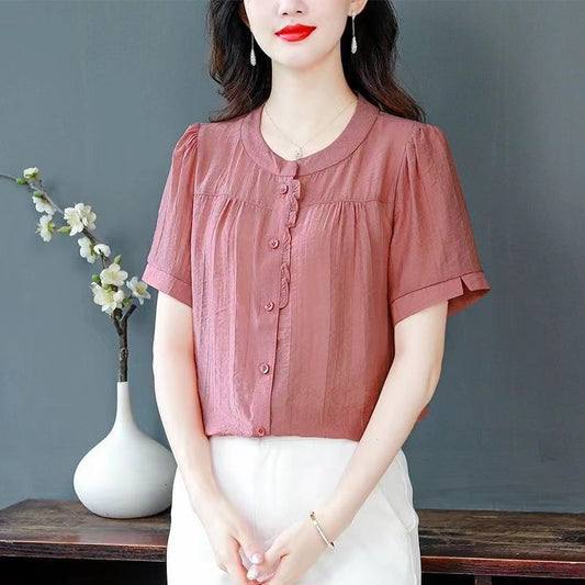 Spring And Summer Simplicity Temperament Crew Neck Cotton Linen Shirt Women