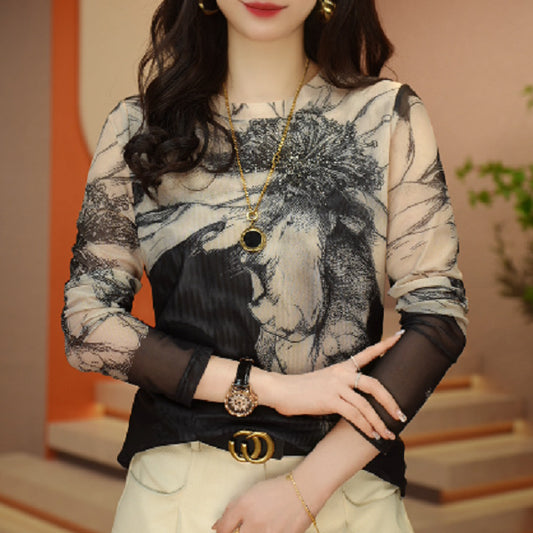 Drop-shipping Stylish Long-sleeve Sheer Fabric Top With A Chic Print