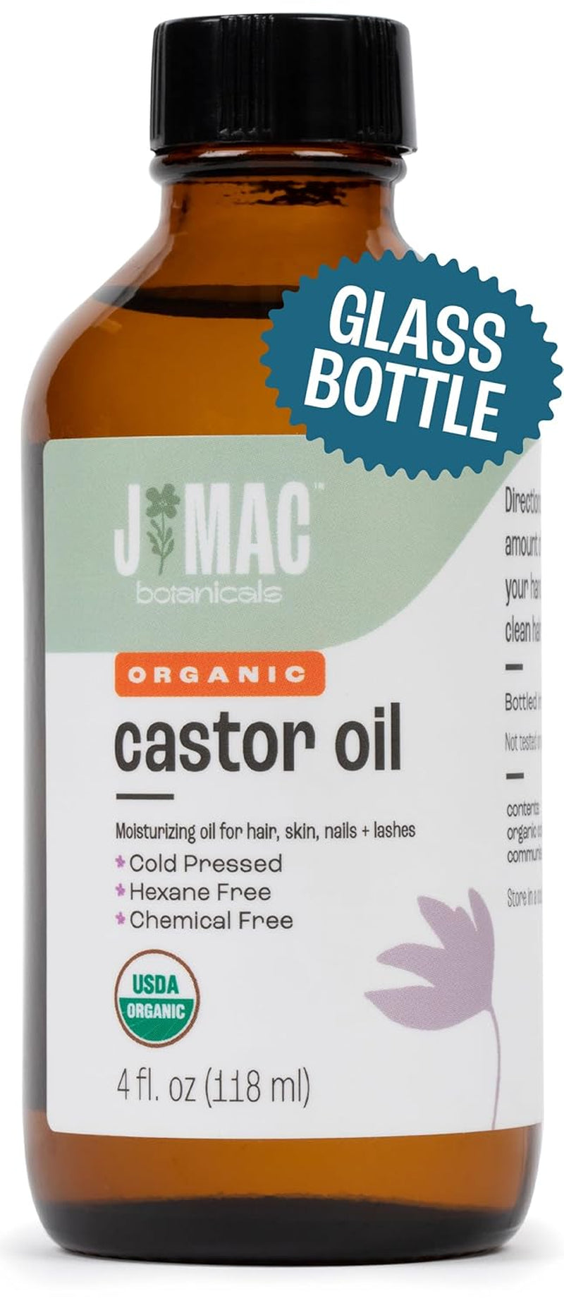 , Organic Castor Oil Cold Pressed (Glass Bottle, 16 Oz) Pure Unrefined, Hexane Free for Face, Skin, Eyelashes, Pack Wraps, Pads