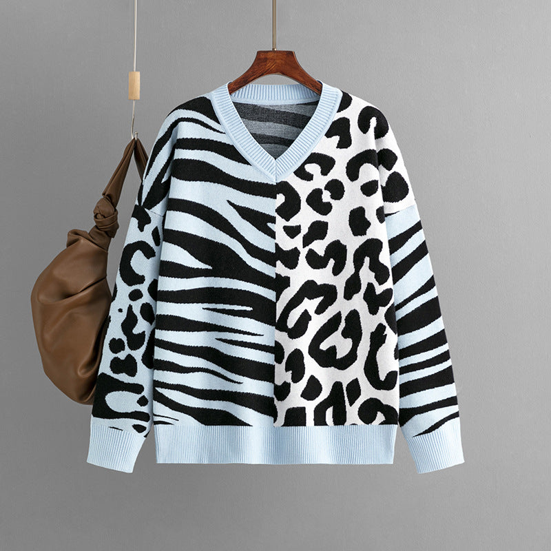 Leopard Splicing Mixed Sweater Pullover