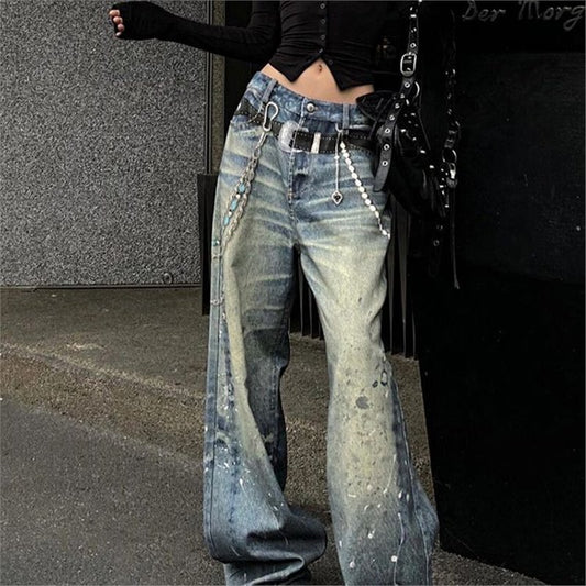 Splashed Ink-stained Jeans Female Chain Pendant Print Floor-dragging Pants